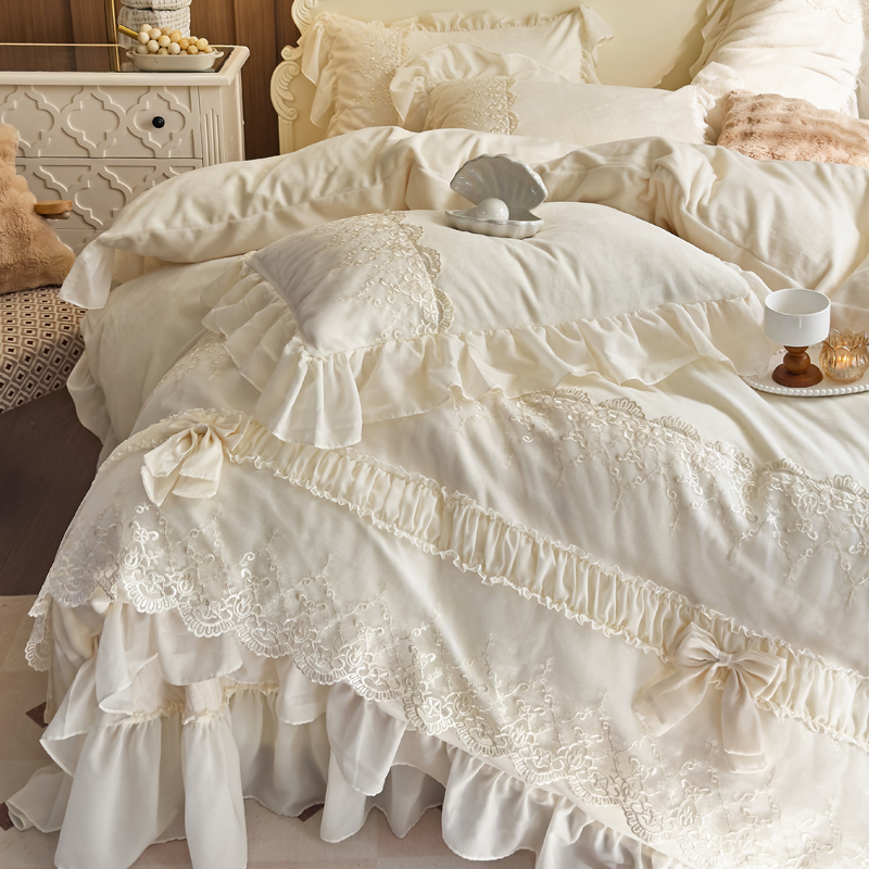 法式冬季仙女加厚牛奶绒四件套公主风蕾丝花边毛绒被套珊瑚绒床盖