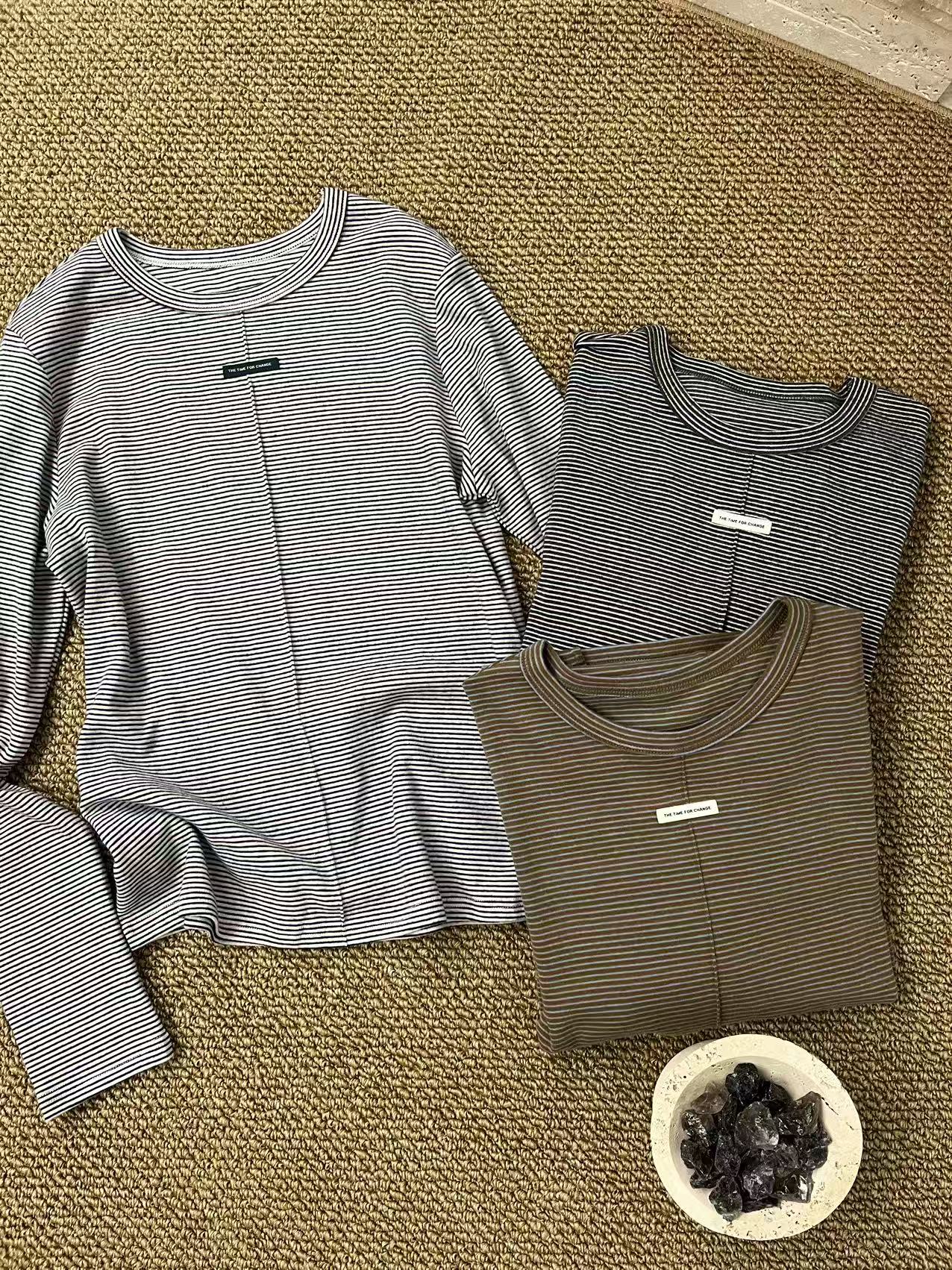 2025秋季新款韩版宽松休闲百搭圆领长袖条纹T恤女