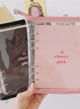 活页夹pu闪亮粉色黑色手账本樱桃可爱少女心拉链笔记本活页夹本子