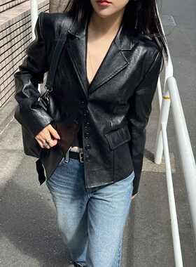 韩国东大门复古翻领小排扣皮衣西装外套女2026秋季新品上衣女开衫
