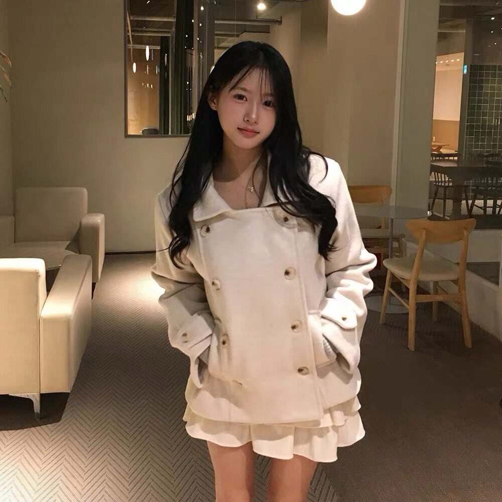 复古学院风日系少女翻领双排扣夹棉小个子毛呢外套26秋冬新品上衣