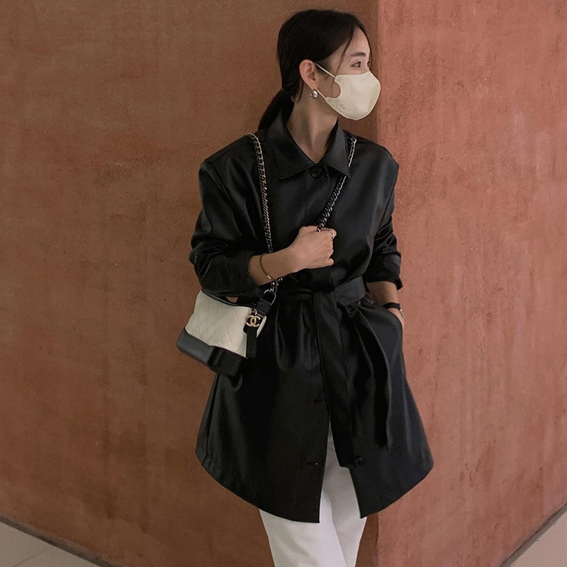 韩国chic2026春季黑色皮衣外套气质中长款新款高级感收腰显瘦风衣