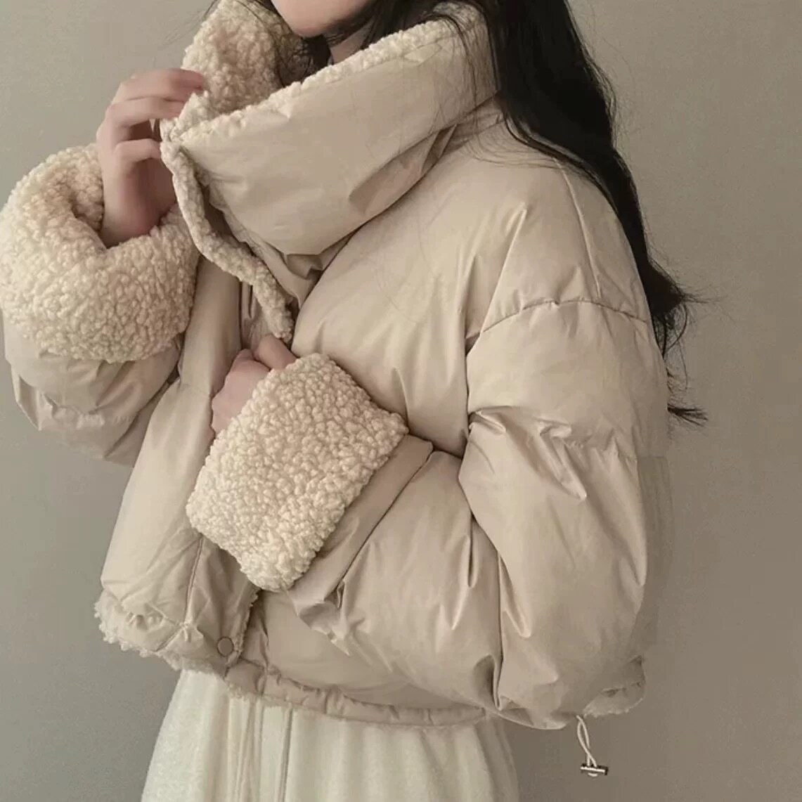 韩国短款外套女韩版翻领仿羊羔毛棉服宽松双面穿长袖外搭棉衣冬款