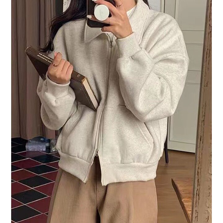 韩国chic 通勤双向拉链加厚加绒卫衣外套女2026秋冬新品开衫女