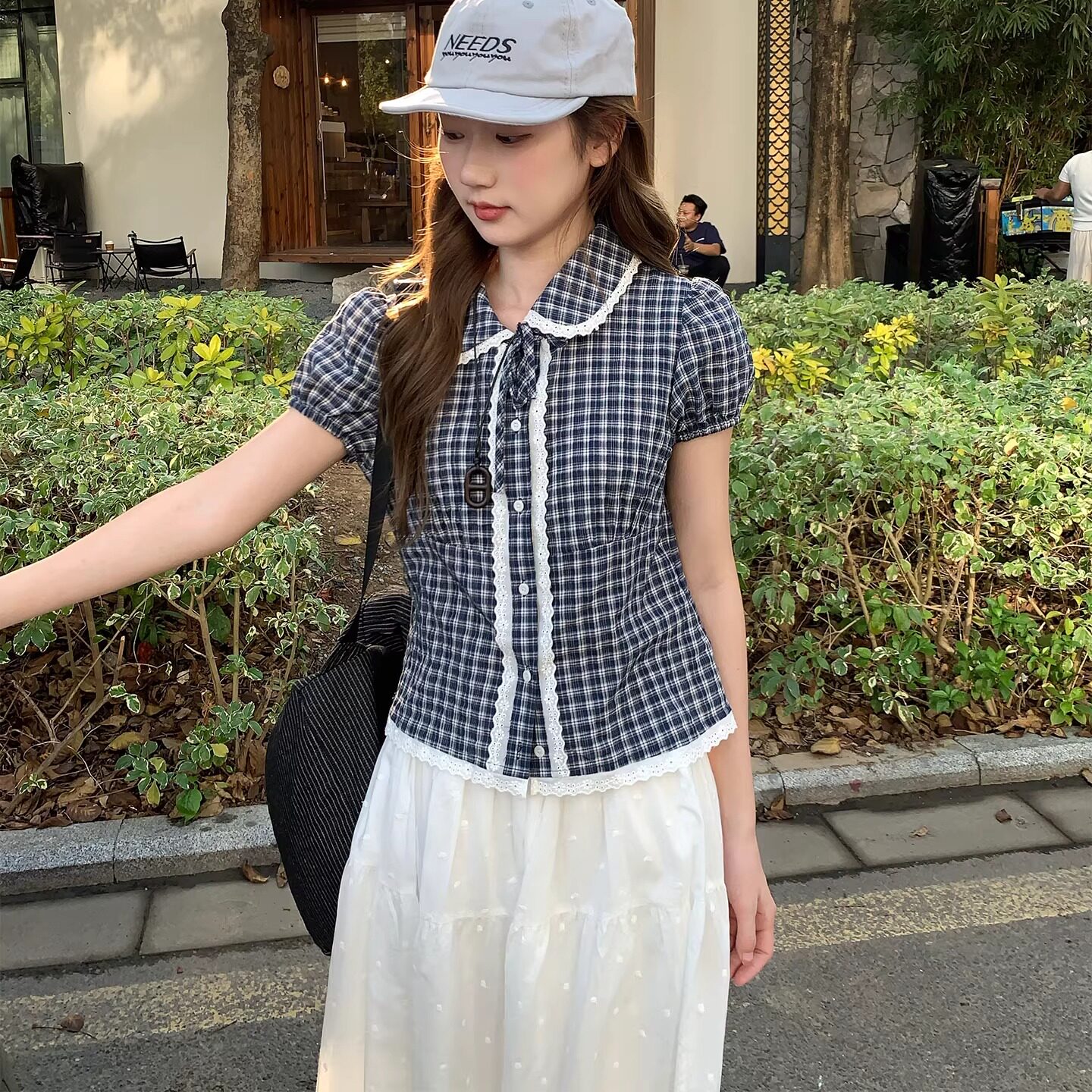 2026夏季新款韩系小清新设计感花边显瘦格子短袖无袖百搭上衣女