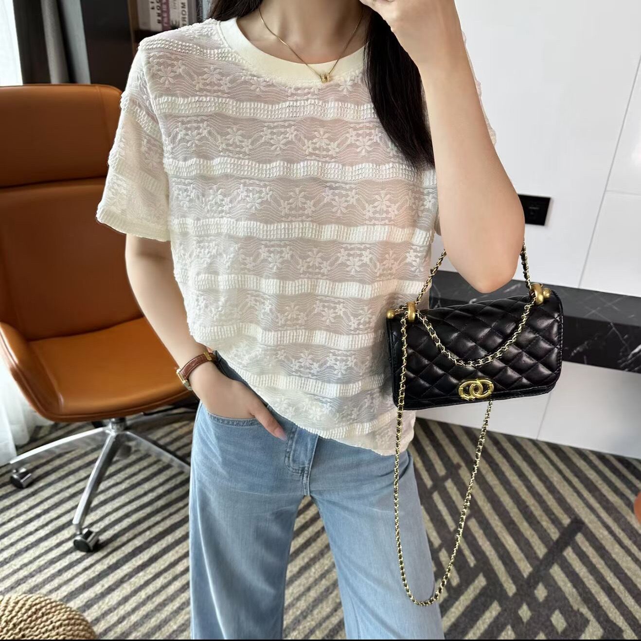 韩国chic2026夏季新品显瘦百搭蕾丝休闲百搭圆领短袖T恤女上衣