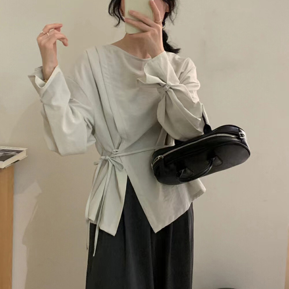 2026早秋款韩国Chic侧扣收腰系带斜口小衫圆领长袖气质显瘦衬衣女