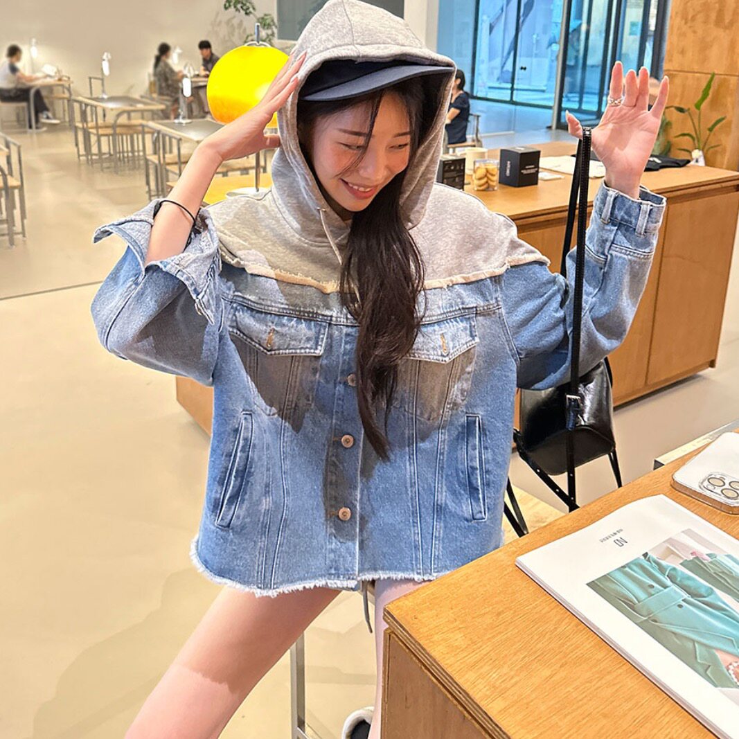 韩国chic2026秋季新品宽松显瘦连帽卫衣拼接牛仔时尚外套开衫女