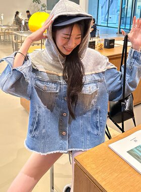 韩国chic2026秋季新品宽松显瘦连帽卫衣拼接牛仔时尚外套开衫女