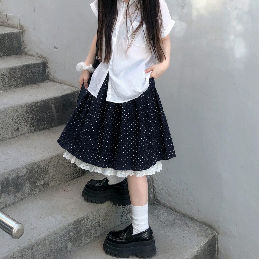 韩国chic2026夏季新品复古波点蕾丝花边拼接小个子中长款半身裙