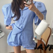 套装 韩国2026夏季 高腰休闲宽松短裤 衬衫 气质翻领单排扣条纹短袖