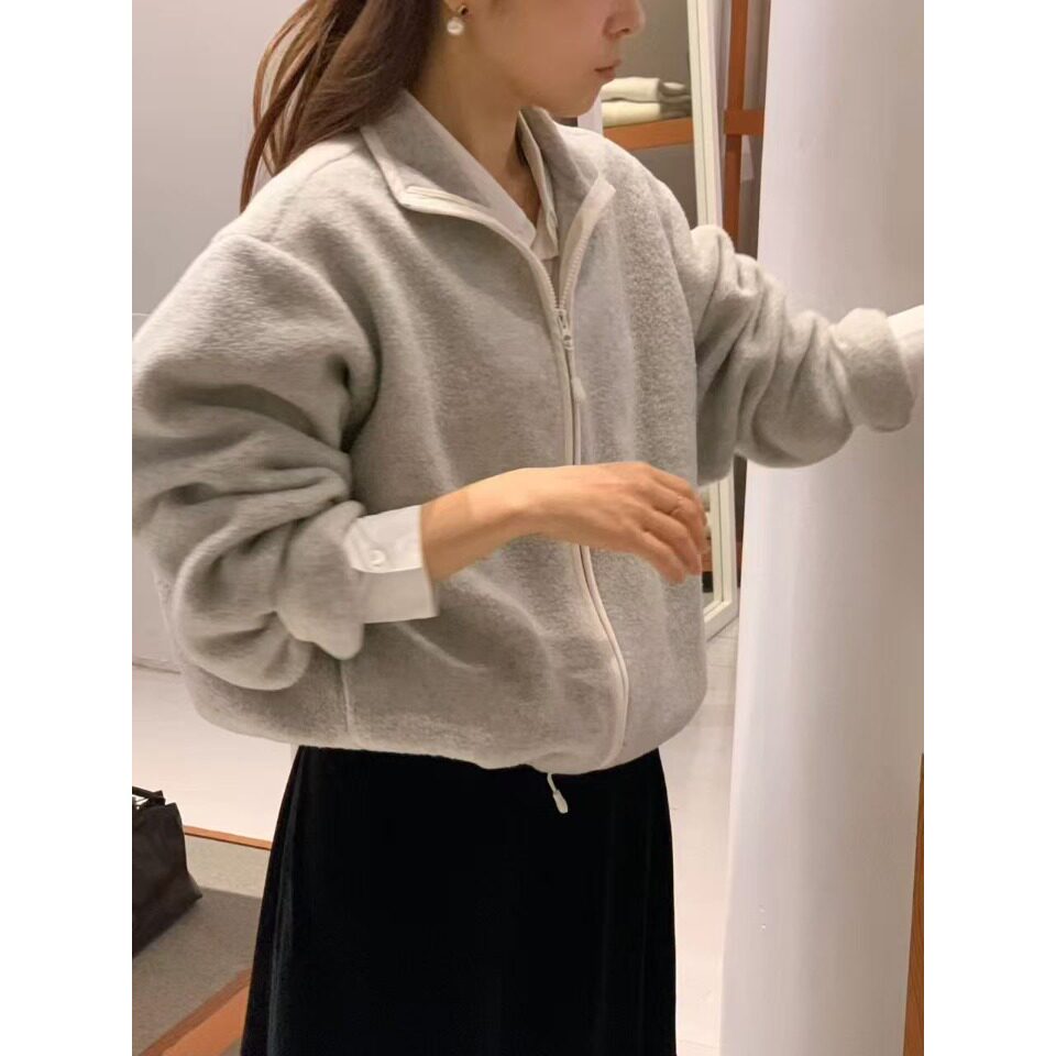 韩风chic2026秋季新品宽松显瘦纯色立领摇粒绒拉链外套开衫女
