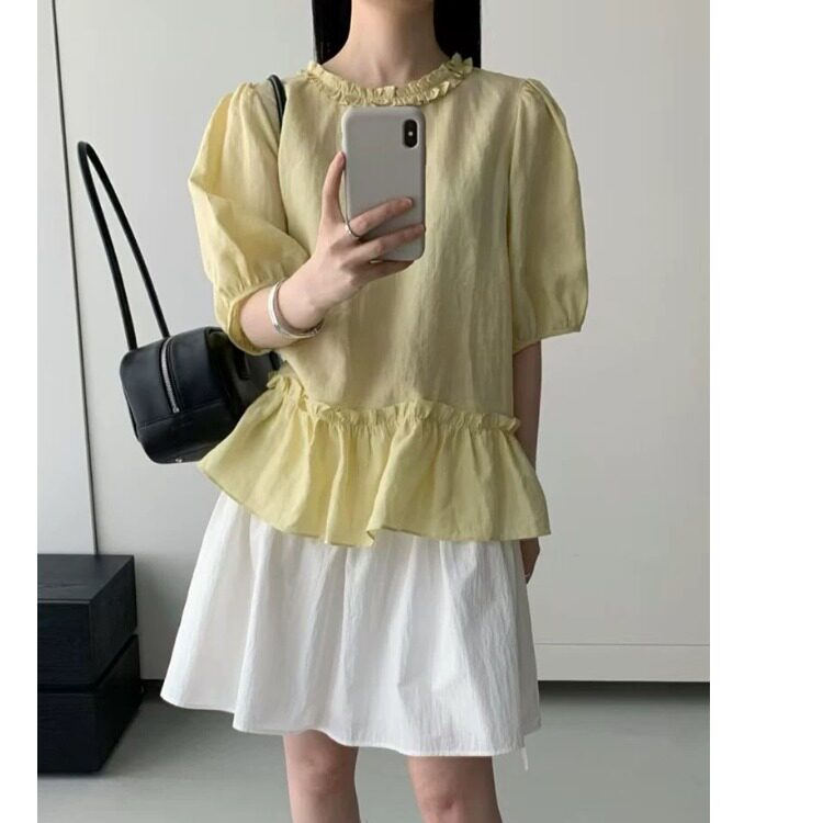 韩国chic荷叶边设计感小众上衣2026夏季新品小个子显瘦穿搭女