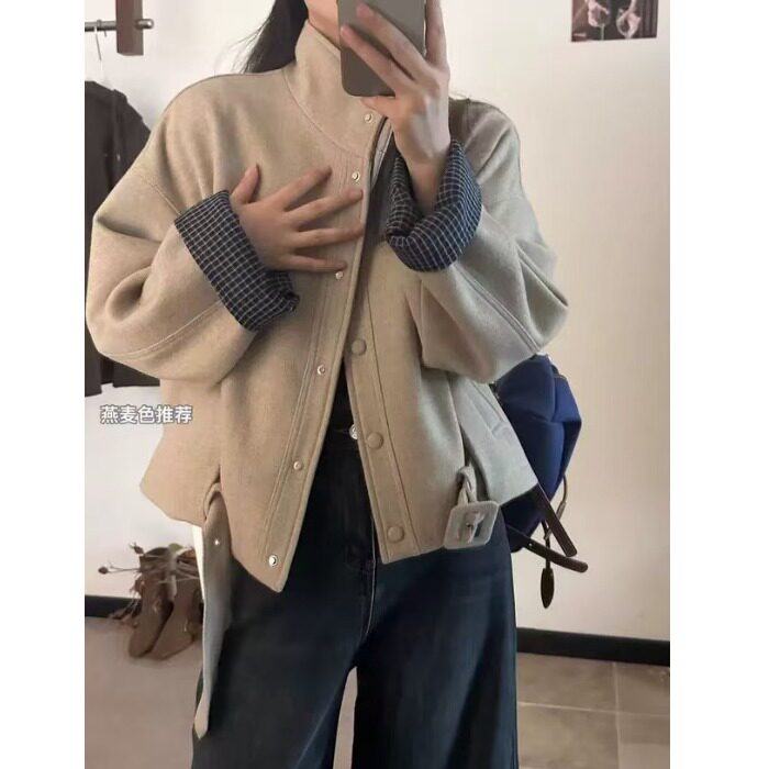 韩国chic2026秋冬新品格子拼接复古立领短款毛呢外套呢子开衫上衣