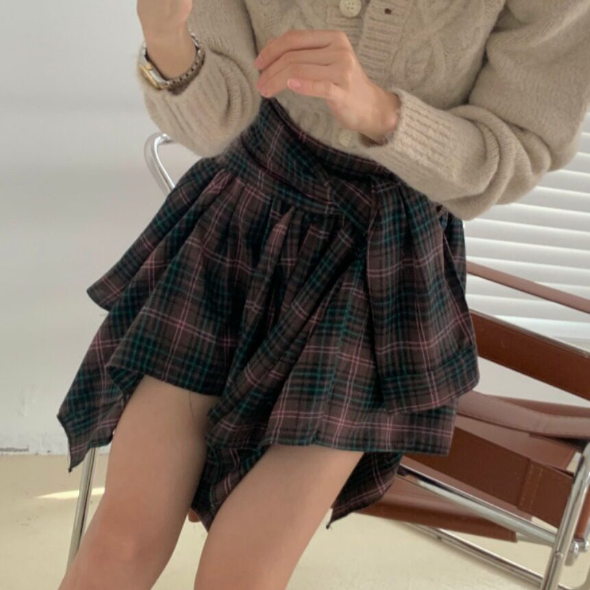 韩国chic2026秋季新品新款拼色格子不规则蝴蝶结含内衬短裙裙裤