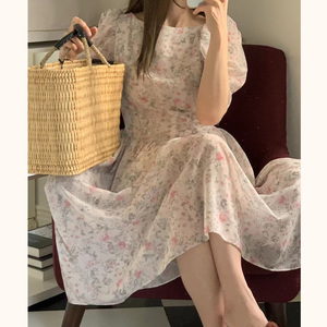韩国Chic田园森系气质收腰显瘦碎花连衣裙2026夏季中长款裙子女