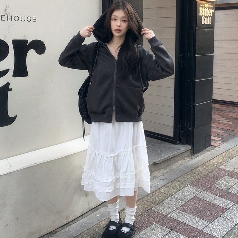 韩国小众复古气质甜美减龄百搭小个子木耳边松紧腰半身裙26春夏