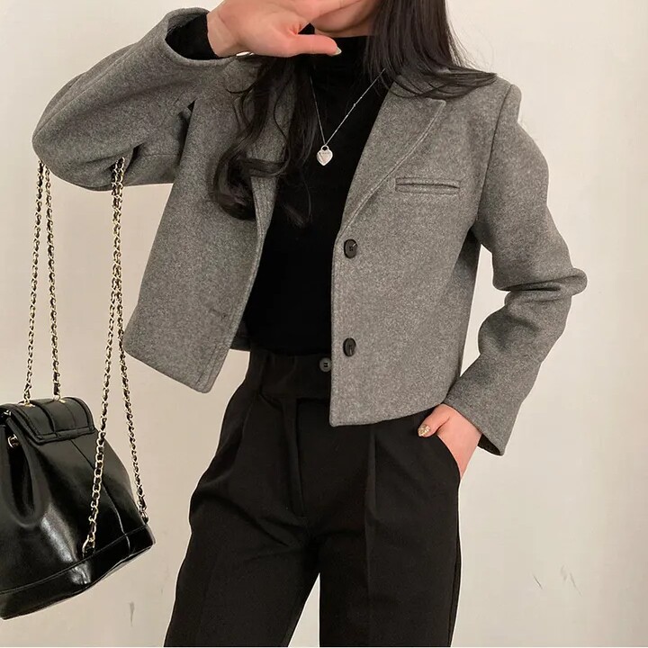 chic 韩国冬季复古简约高级西装领单排扣加厚短款毛呢子西装外套