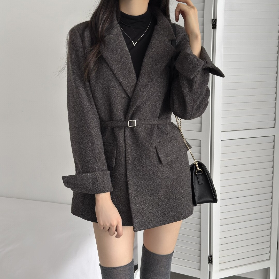 韩国chic 法式气质翻领系带收腰呢子大衣宽松外套2026秋冬新品女