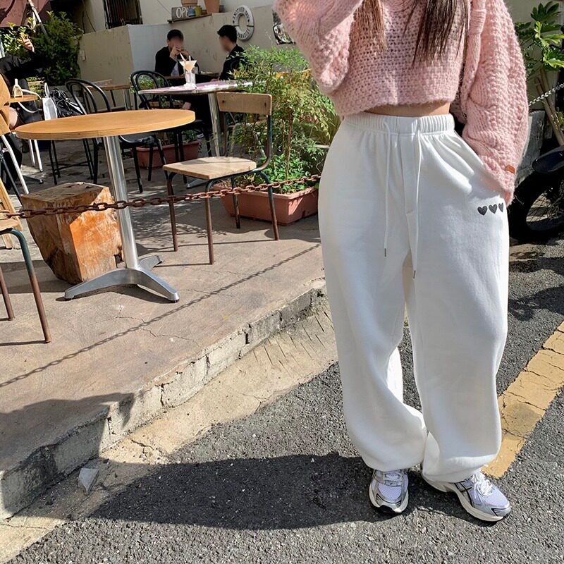 韩国chic心形加绒卫衣裤2026秋冬新品宽松显瘦百搭长裤女时尚裤子