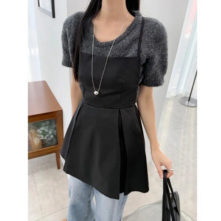 chic韩版春夏时尚复古露背系带收腰叠穿内搭外穿吊带背心连衣裙