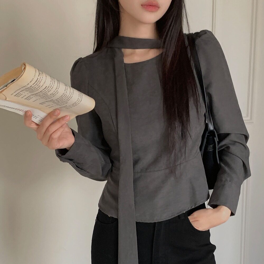ins韩系秋季法式气质飘带蝴蝶结泡泡袖优雅小众修身百搭衬衫上衣