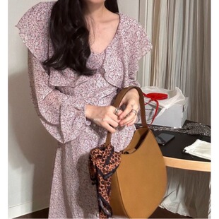韩国chic 复古温柔气质荷叶领碎花连衣裙2026早秋新品中长款裙子