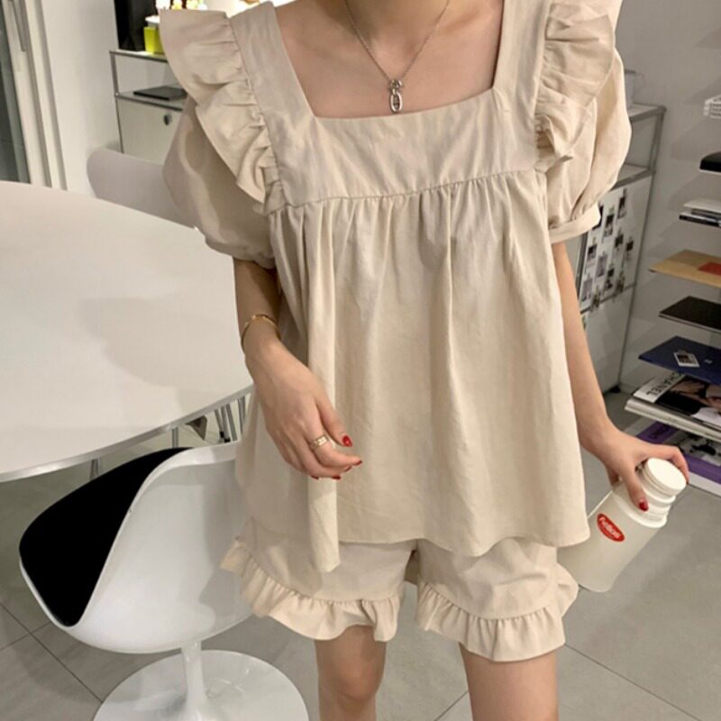 韩国chic2026夏季短袖女睡衣套头方领荷叶边可外穿家居服两件套装