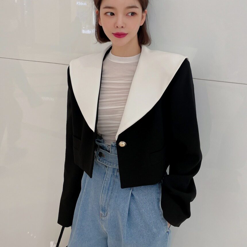 韩国chic2026秋季新品气质小香风翻领一粒扣短款西装小外套开衫