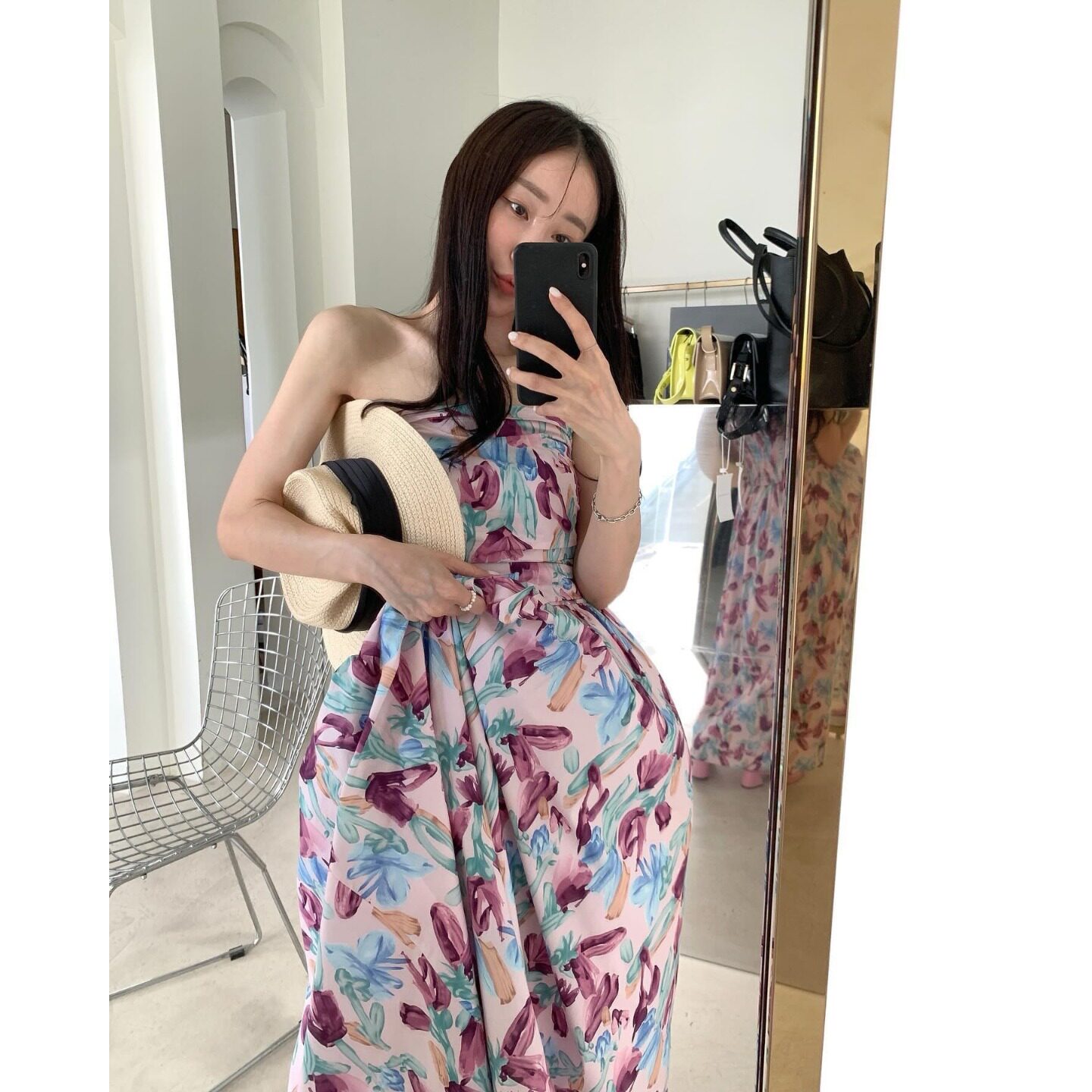 韩国ins 抹胸褶皱度假风印花连衣裙2026夏季新品中长款裙子女