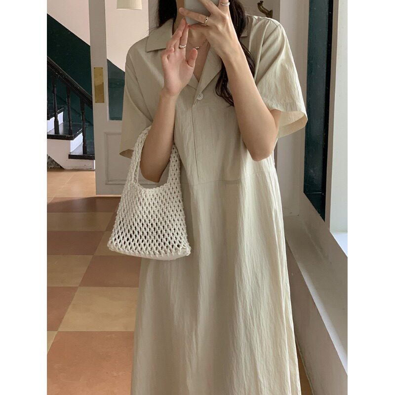 韩国chic极简翻领系带宽松休闲显瘦连衣裙2026夏季新品气质裙子女