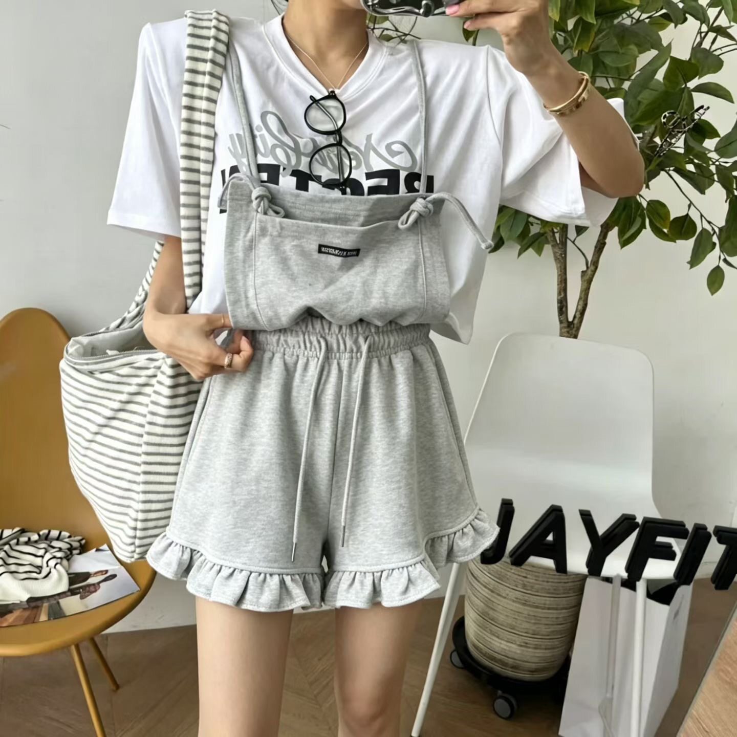 韩国高腰背带裤休闲百搭背带裤松紧腰吊带连体裤花边裤脚休闲裤夏