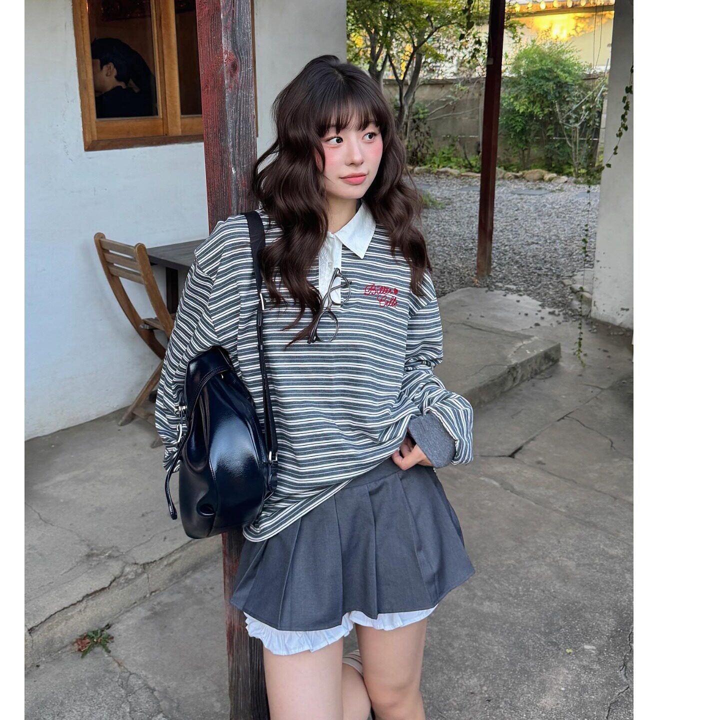 韩国chic2026春季新品甜美爱心扣拼色百搭条纹翻领长袖T恤上衣女