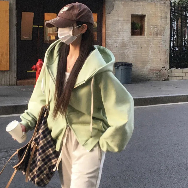 韩系简约街头风通勤百搭长袖连帽拉链宽松卫衣外套2026秋季新品女