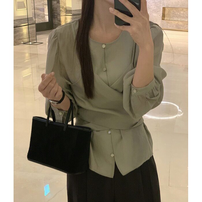 韩国chic 法式气质叠式交叉系带衬衣气质显瘦上衣2026秋季新品女