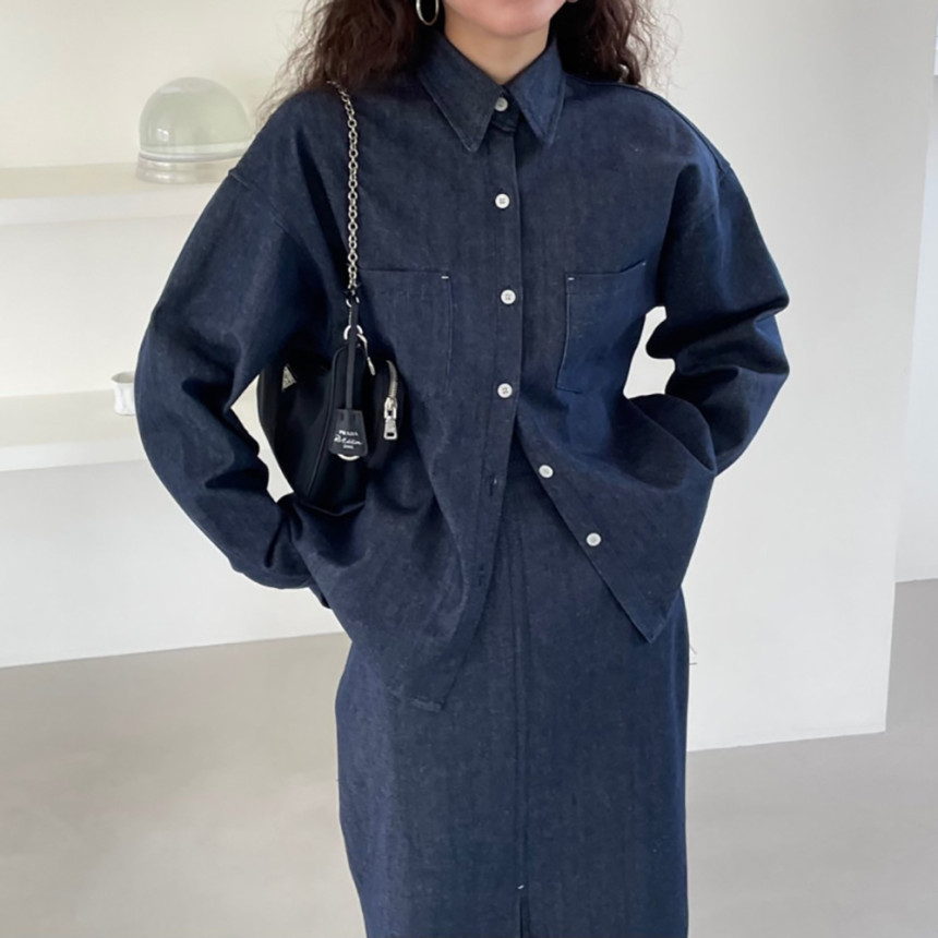 韩国chic2026早春牛仔宽松显瘦慵懒长袖衬衫+半身裙两件套装女