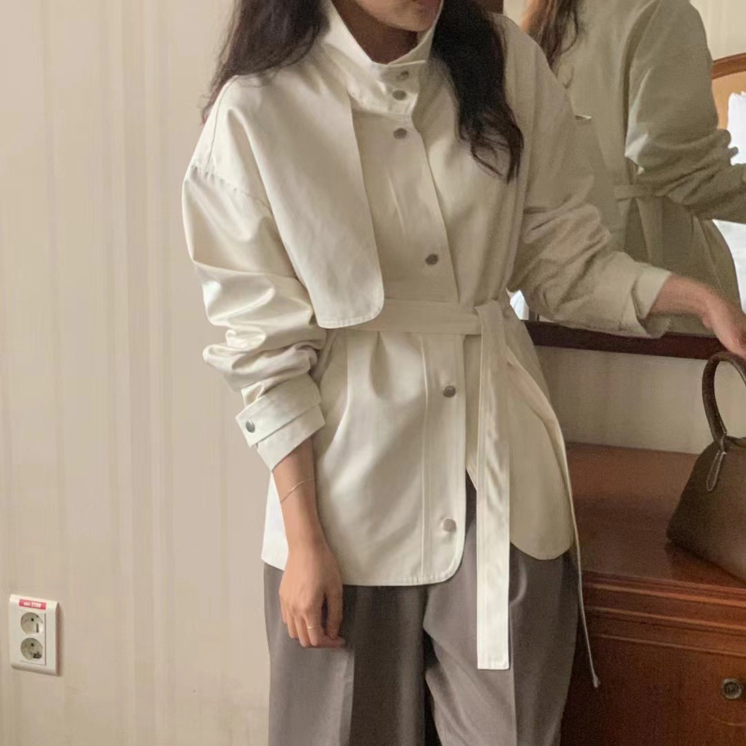 韩国Chic2026春季新品新款休闲百搭立领系带宽松型风衣外套上衣