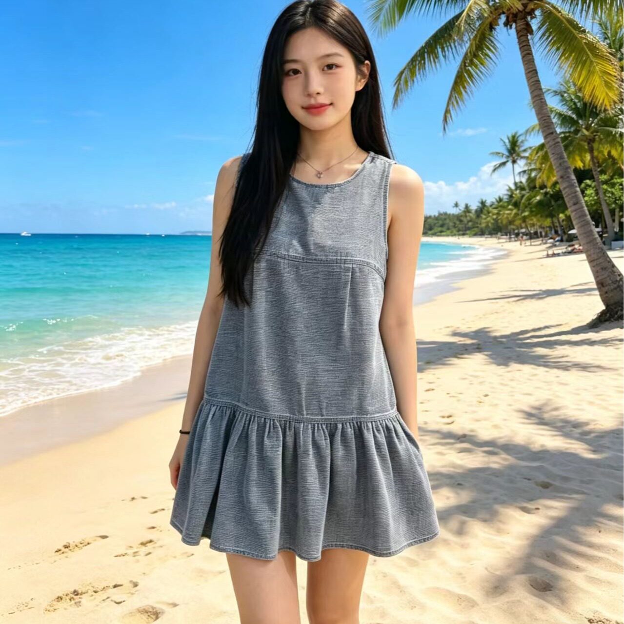 韩国chic2026夏季新品小个子显瘦显瘦短裙女无袖牛仔短款裙连衣裙