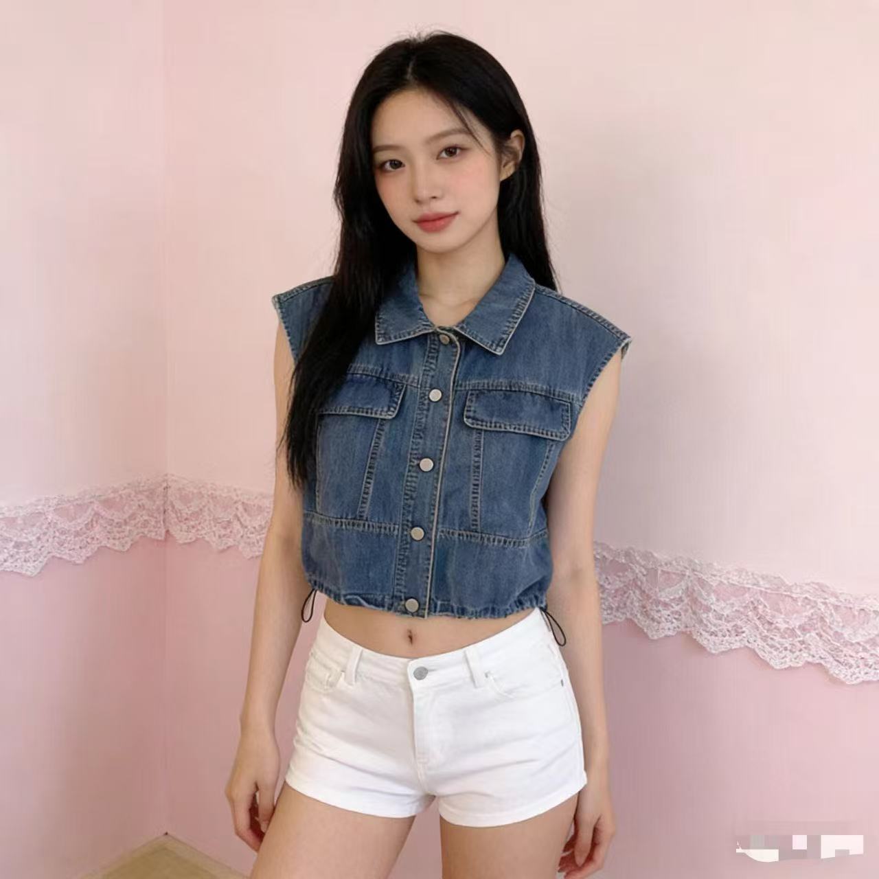 韩国chic2026夏季新品宽松牛仔时尚短款百搭无袖显瘦百搭上衣女