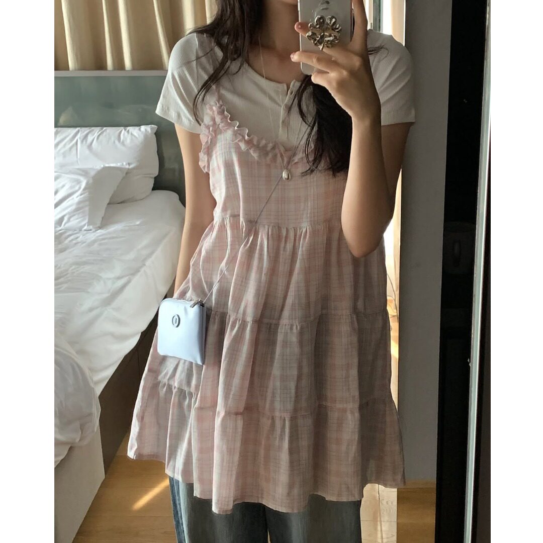 韩国chic格纹减龄吊带连衣裙2026夏季新品小个子甜美显瘦裙子女