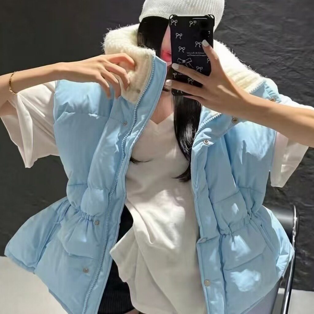韩国chic2026秋冬新品时尚立领收腰宽松显瘦棉服马甲时收腰开衫女