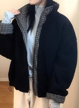 日系休闲正反两穿羊羔毛内胆格子拉链棉衣2026冬季新品女开衫外套
