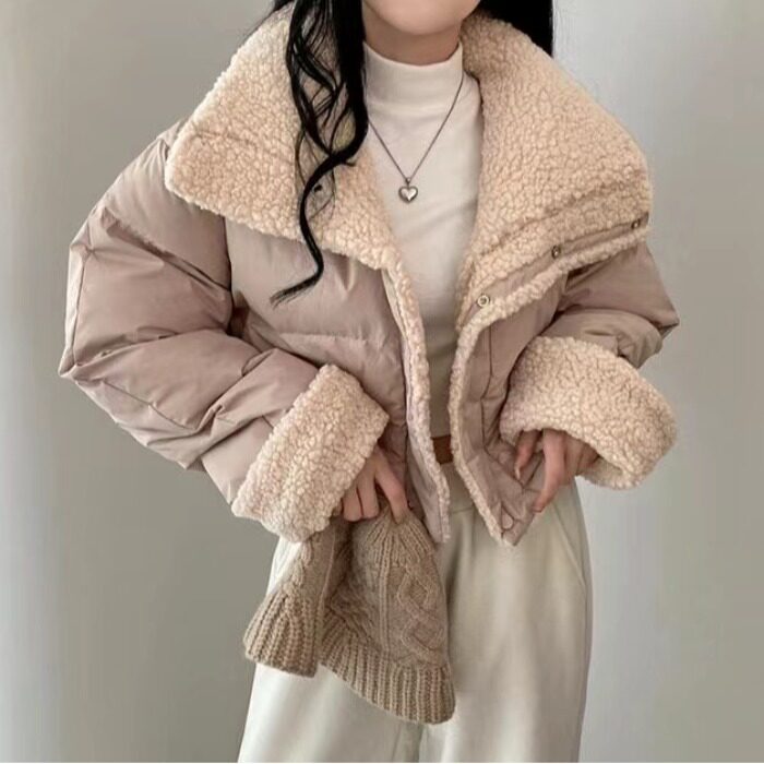 韩国新款两面穿羊羔毛棉衣短款收腰设计感外套女2026秋冬新品上衣
