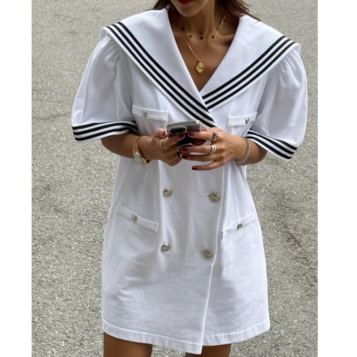 韩国chic2026夏季新品海军领撞色条纹宽松显瘦气质体裤裙子女