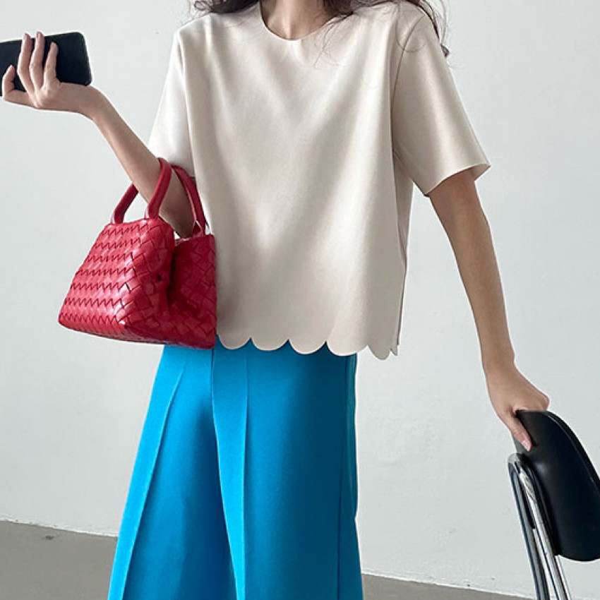 韩国chic夏季小众设计感圆领波浪花纹宽松百搭短袖T恤2026新品女