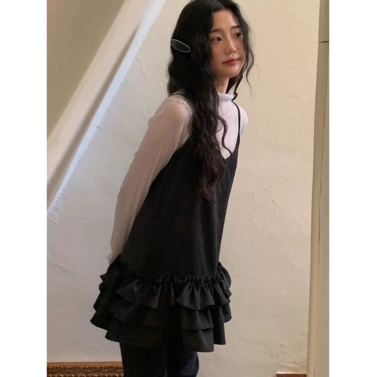韩国chic新款法式荷叶边拼接下摆设计宽松无袖吊带背心女2026夏季