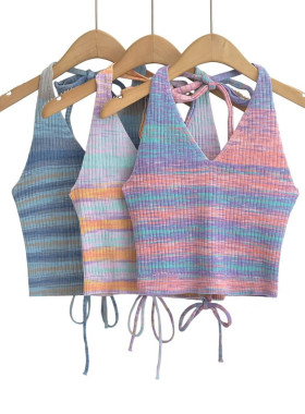 辣妹爵士舞上衣多巴胺露背后腰绑带V领挂脖条纹无袖针织背心女