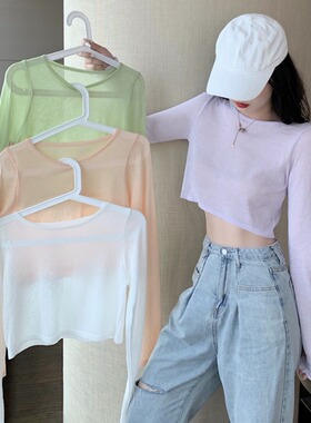 短款辣妹防嗮衫长袖薄款露脐爵士舞罩衫甜辣风小个子防嗮T恤ins潮