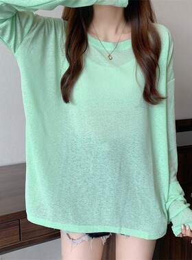 浅绿色超薄款冰丝防嗮T恤女夏长袖宽松型胖mm爵士罩衫镂空微透款