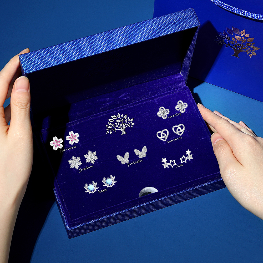 一周耳钉礼盒套装s999纯银针耳饰女轻奢时尚气质优雅生日礼物耳环